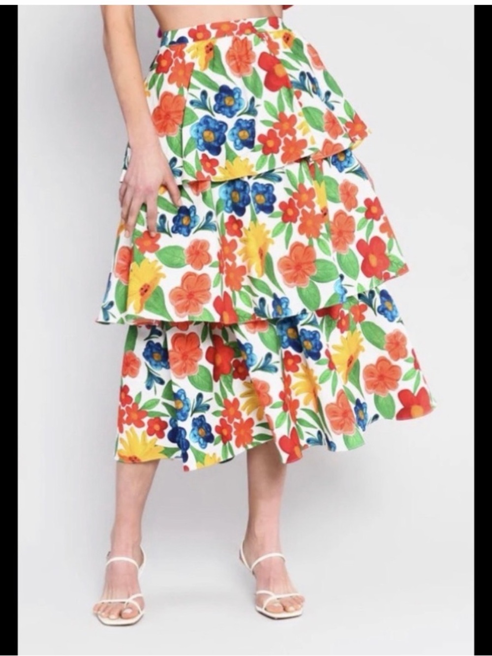 Floral Tiered Midi Skirt - White with Multicolor Floral Print
